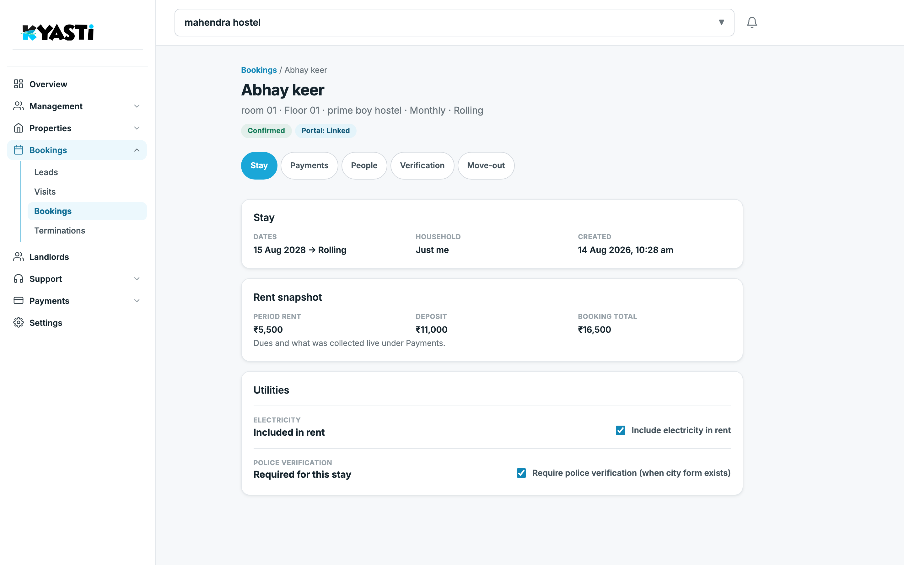 Kyasti booking stay tab with rent snapshot and police requirement