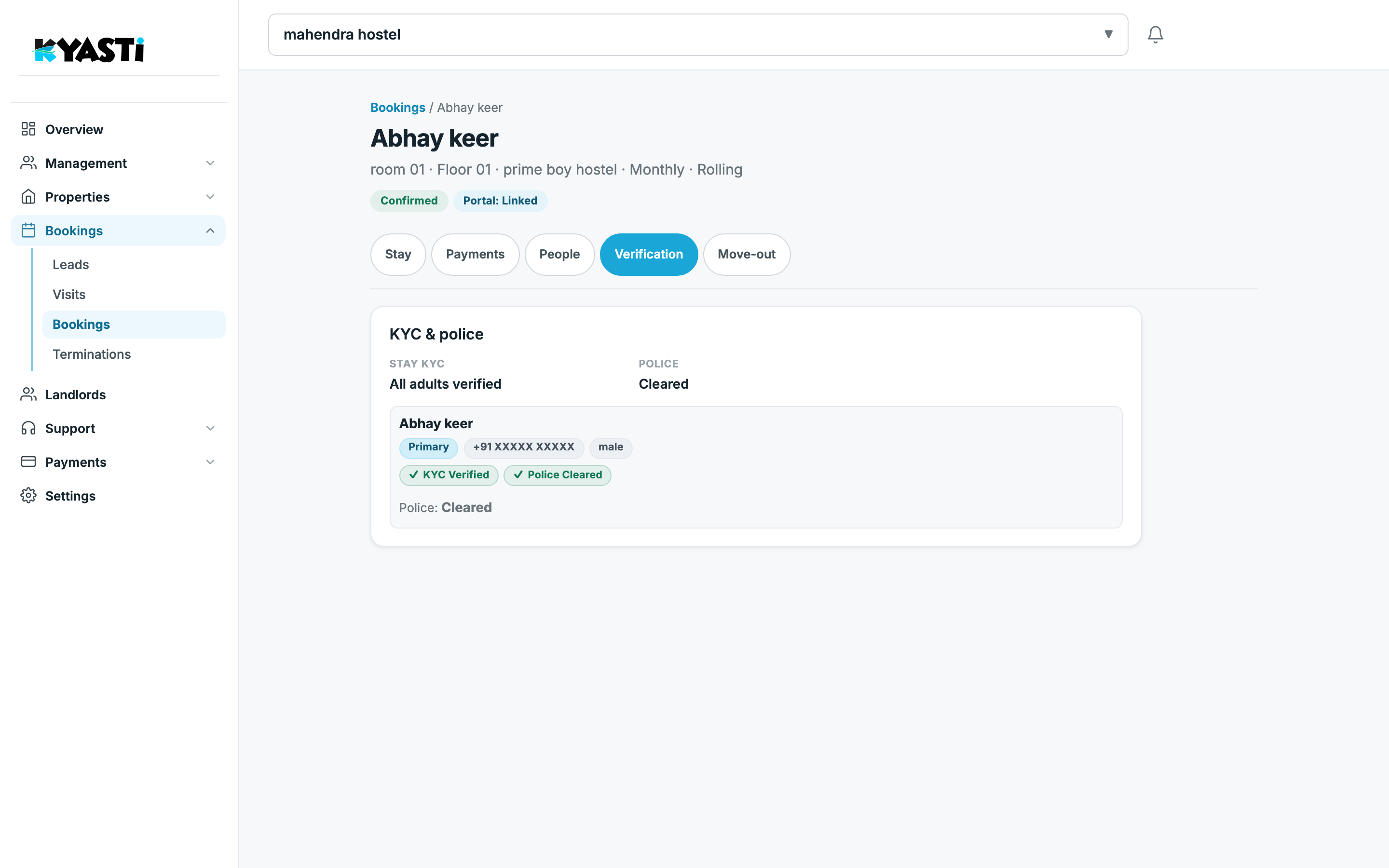 Kyasti booking verification tab for digital KYC