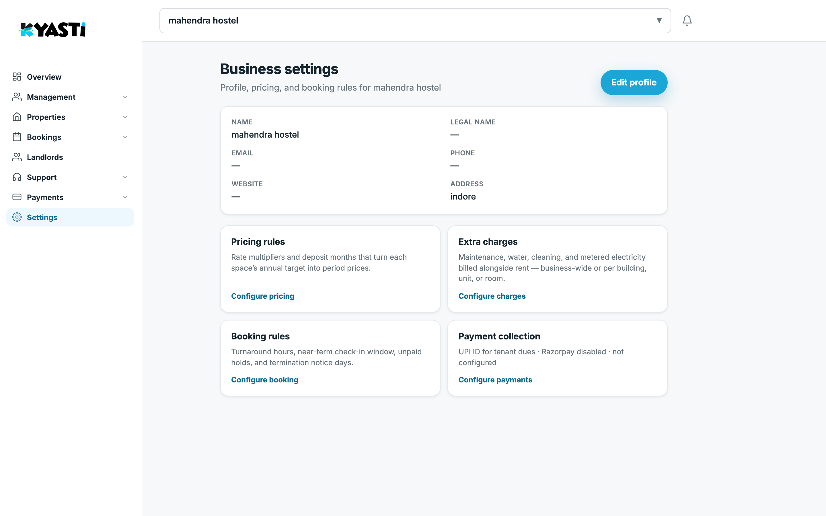 Kyasti business settings for pricing, charges and payments