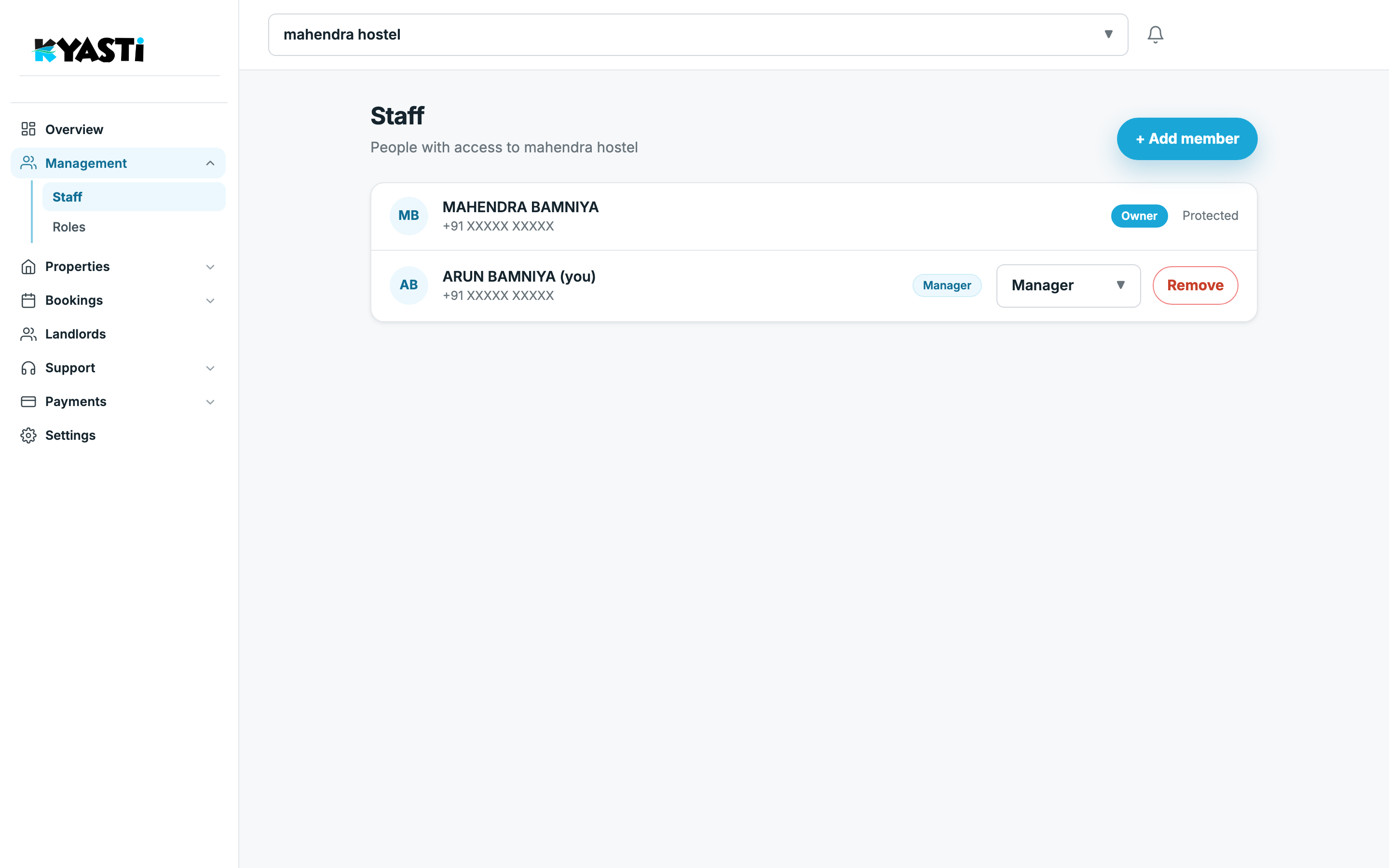 Kyasti staff list with owner and manager roles