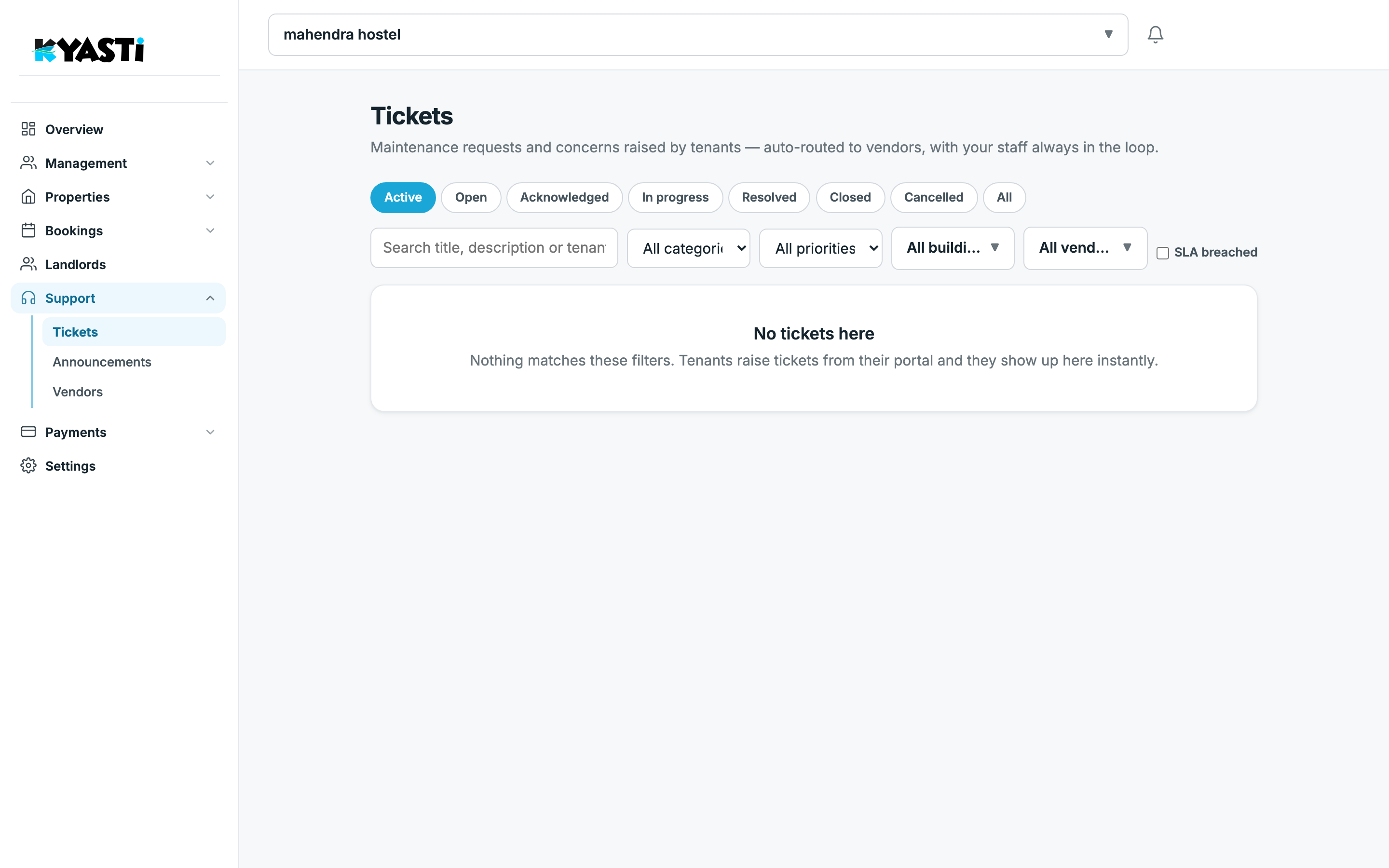 Kyasti tickets with status and SLA filters
